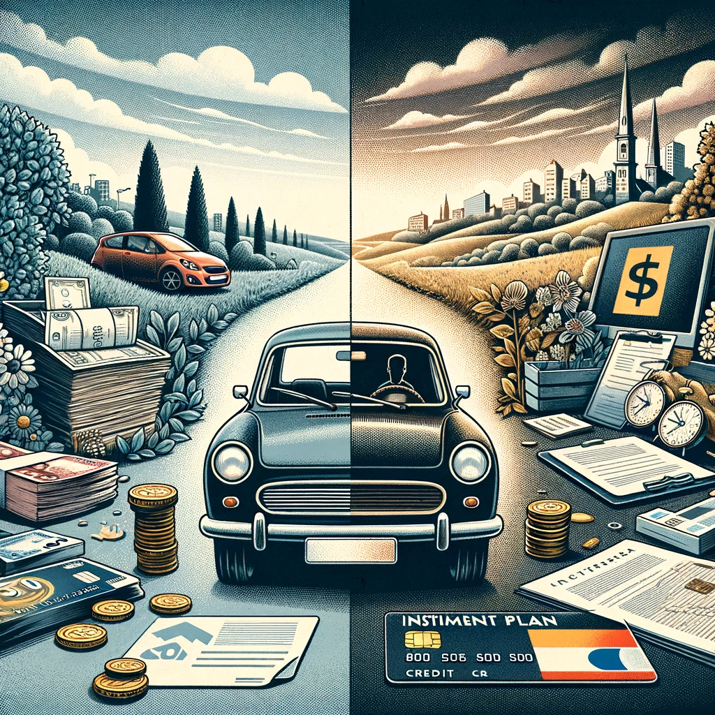 DALL·E 2024 03 03 10.39.17 A visual representation of the concept of buying cars on installment plans in Serbia. The scene shows a split view on one side traditional cash tran